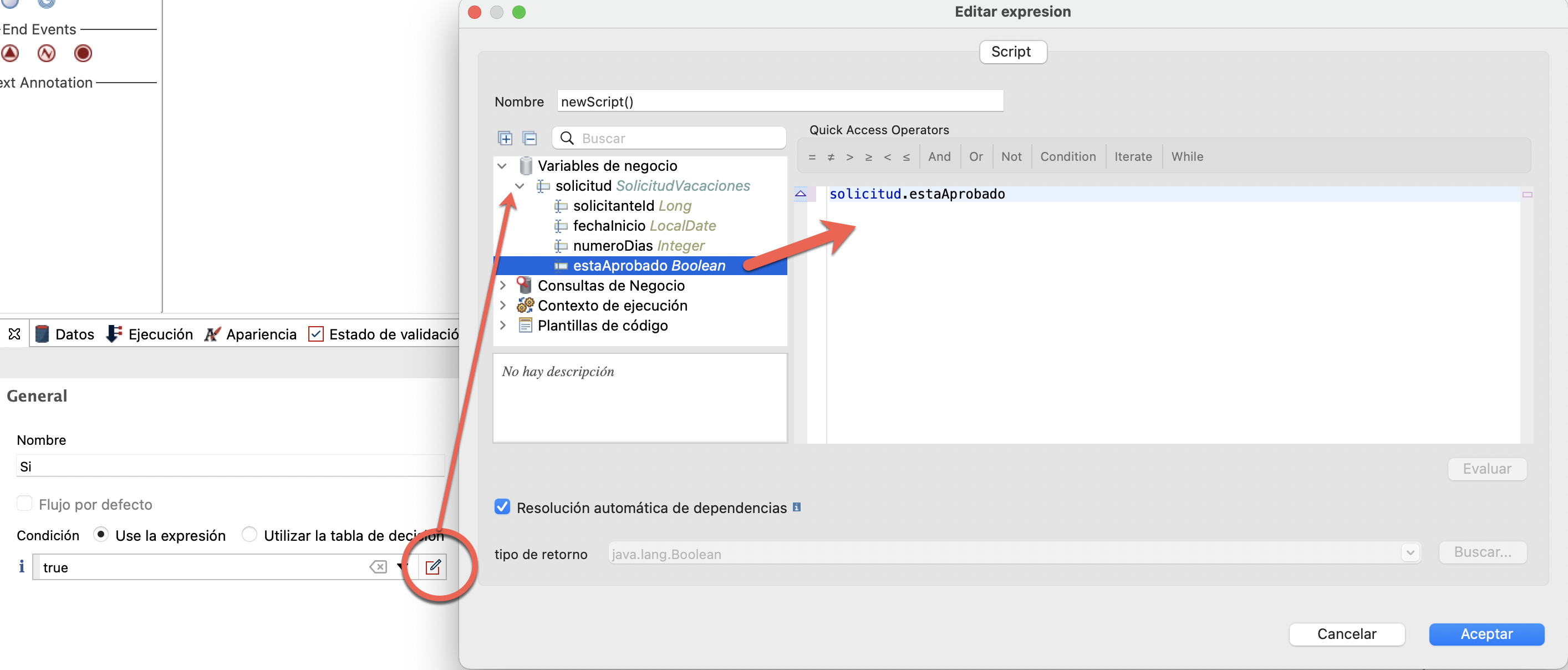 uso de la variable de negocio para definir la condición de una transición