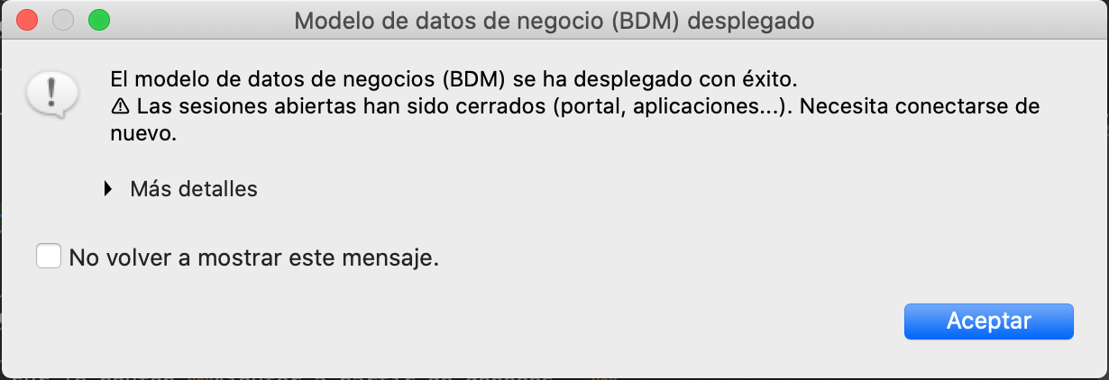 Mensaje de información de despliegue de BDM