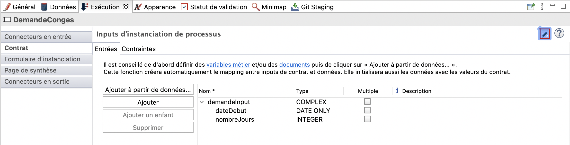 contrat défini pour le démarrage du processus