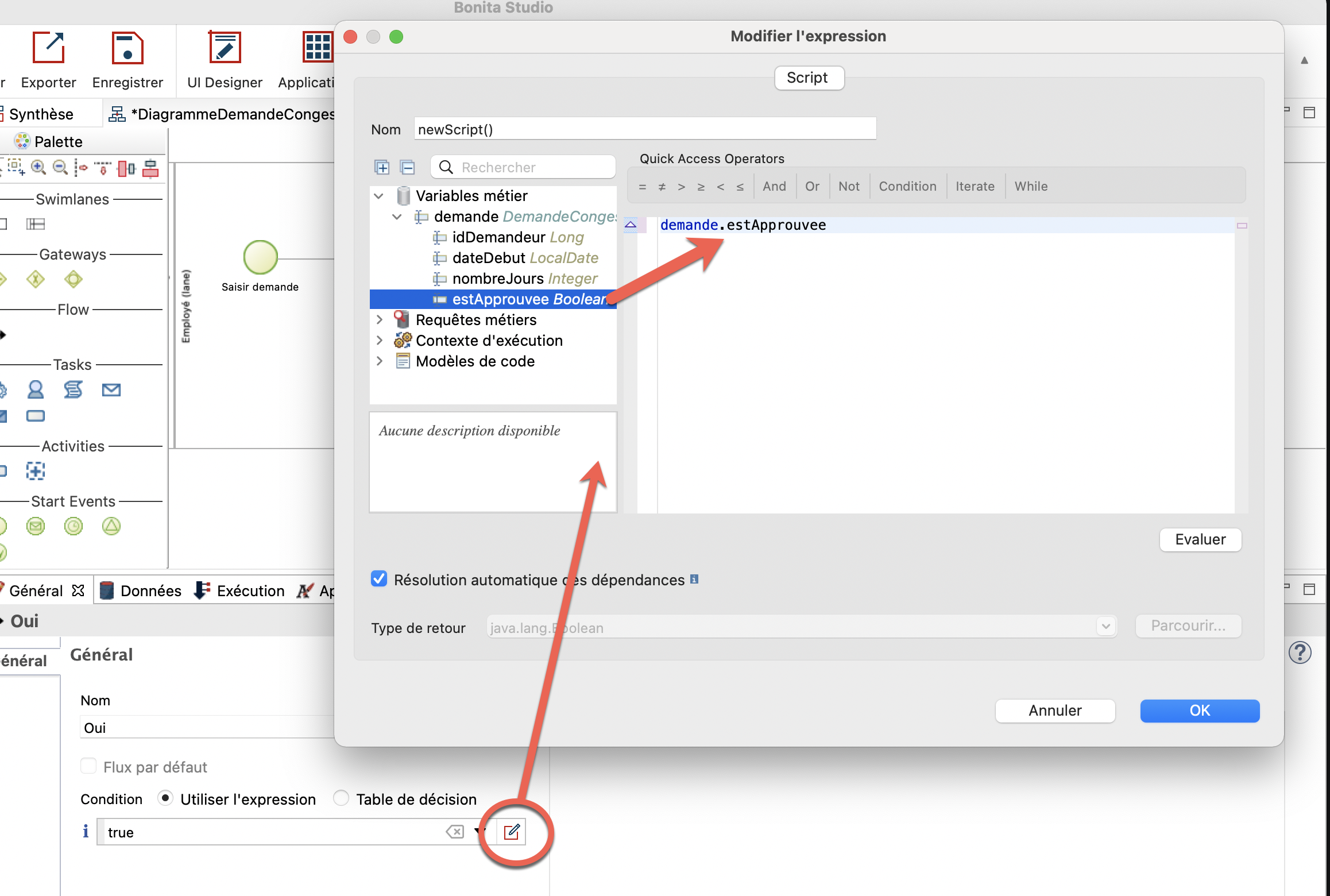 utilisation de variable métier pour définir la condition d'une transition