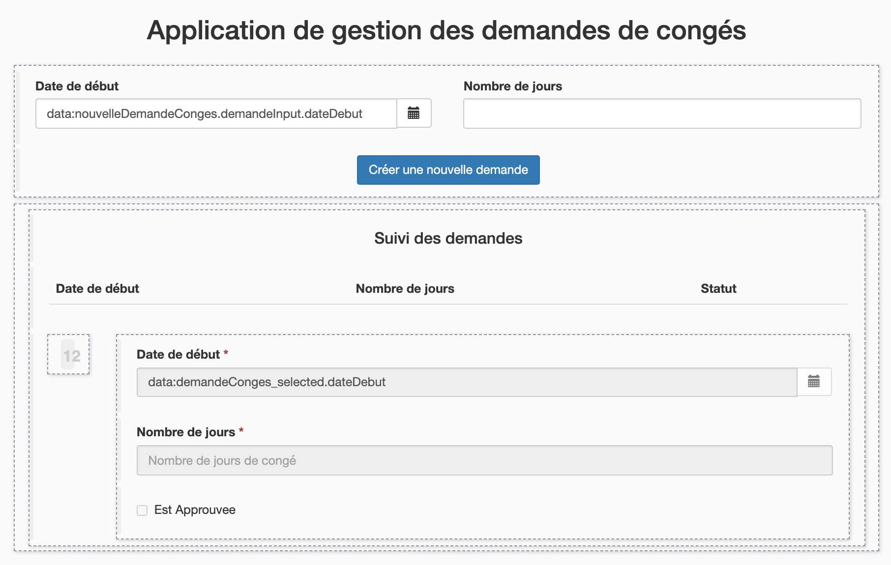 page d'application dans l'UI Designer avec formulaire