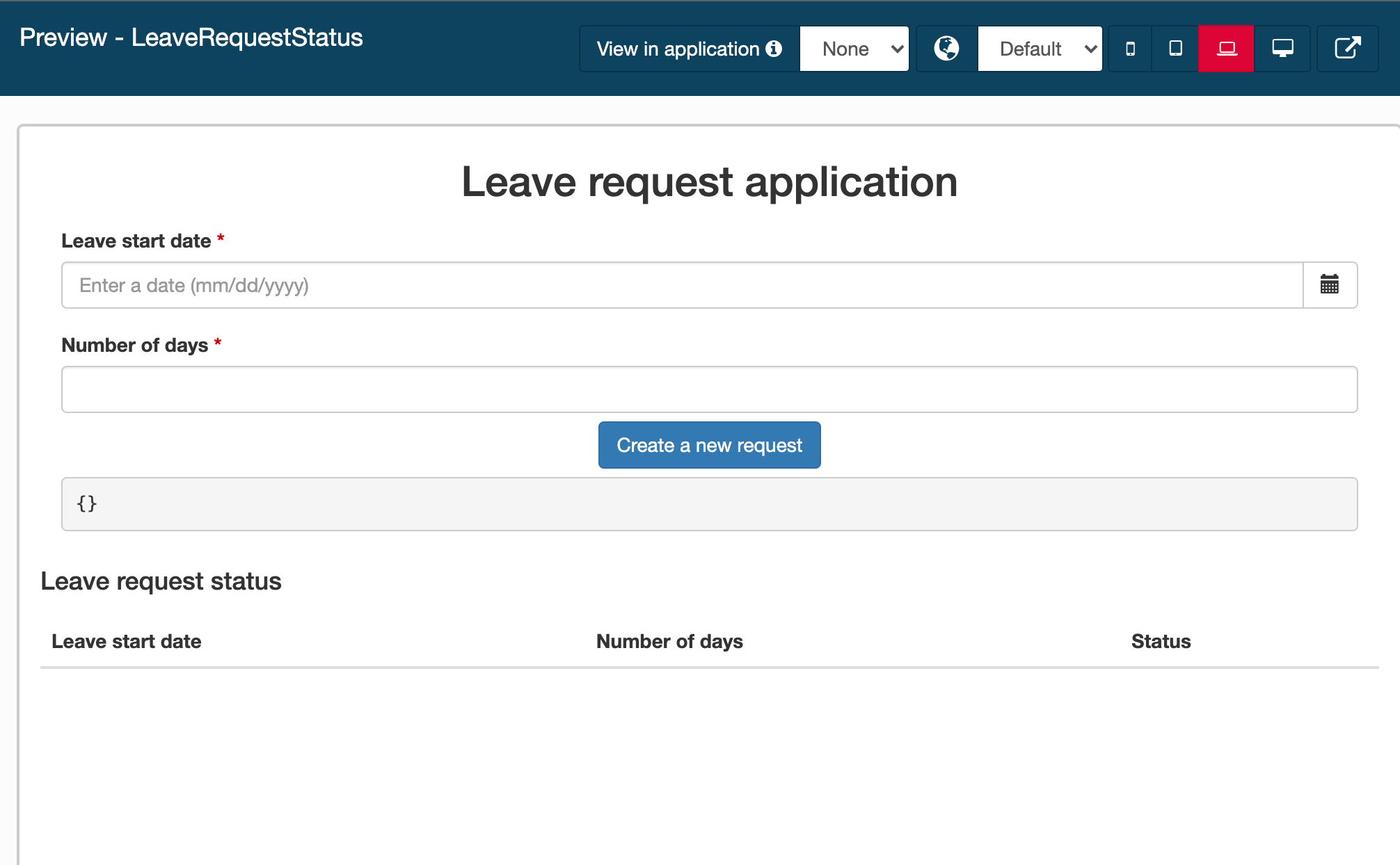 Application page in UI Designer including a form