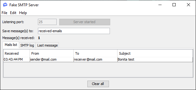 Fake SMTP with one received message